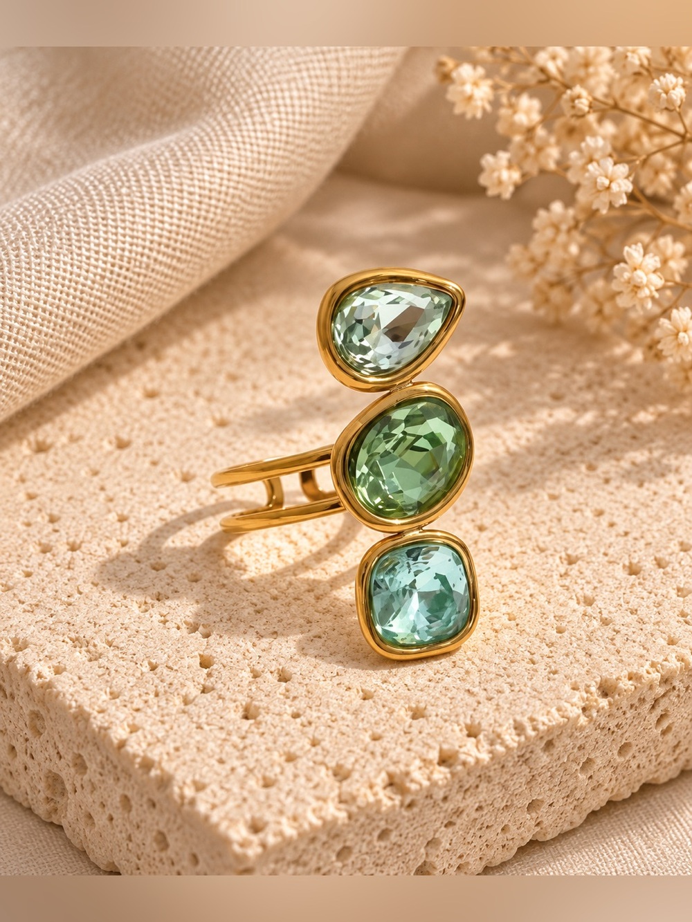 Beautiful Gold Ring with Green Gemstone Trio